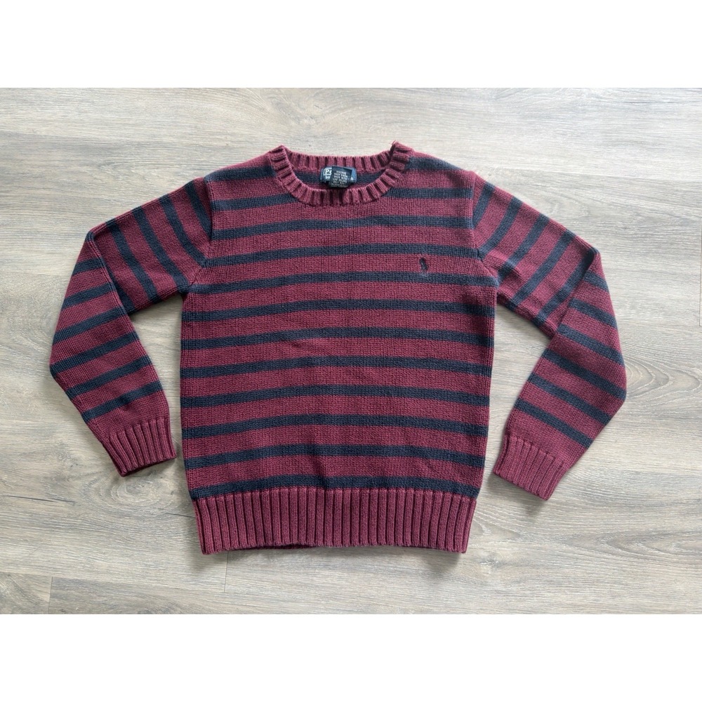 Polo Ralph Lauren Boys Small Maroon Navy Striped Pull Over Crew Neck Sweater